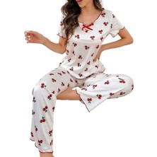 Bipamuk Kadın Kiraz Desenli Kısa Kollu Pijama Takımı Rahat ve Şık Ev Giyim