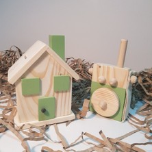 Özgürce Eğitici Ahşap Baby Telsiz ve Kumbara Oyuncak Seti, Montessori Çocuk Oyunu