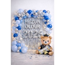 Mezuniyet Parti Süsleme Seti 2026 Ayıcıklı Mavi Gümüş Balon Zincirli Arka Fonlu Mezun Olduk Konsepti