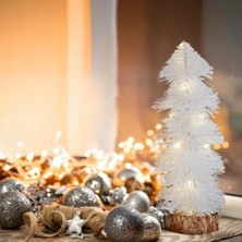 Tam12den Işıklı Simli Dekoratif Beyaz Çam Ağacı - 30CM -