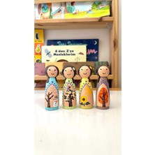 Özgürce Dört Mevsim Ahşap Peg Bebek Figürleri Montessori Eğitici Seti