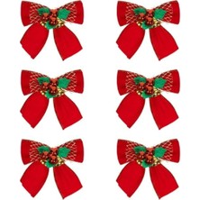 Tam12den Yılbaşı Dekoratif Fiyonklar Kırmızı Kadife Çanlar Ökse Otu 10CM - 6 Adet