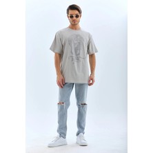 Glam Love Oversize Taşlı Bisiklet Yaka T-Shirt - Gri -