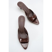 Sermoda Topuklu Kadın Terlik - 5 cm Ince Topuklu Sivri Burun Kadın Terlik Rugan Kahve