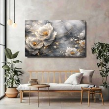 Artprinta Altın Detaylı Gri Beyaz Çiçek Kanvas Tablo – Modern ve Zarif Duvar Dekoru