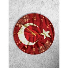 Olinpa Kırılmaz Cam Duvar Saati , Hem Tablo Hem Saat Yuvarlak Türk Bayrağı Temalı Ev Ofis Hediyesi