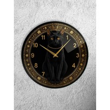 Olinpa Kırılmaz Cam Duvar Saati , Hem Tablo Hem Saat Yuvarlak Siyah Gold Kedi Temalı Ev Ofis Hediyesi
