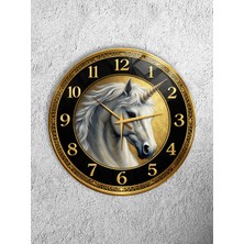 Olinpa Kırılmaz Cam Duvar Saati , Hem Tablo Hem Saat Yuvarlak Beyaz At Klasik Gold Temalı Ev Ofis Hediyesi