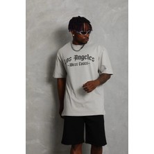 Glam Love Oversize Baskılı Bisiklet Yaka T-Shirt - Gri -