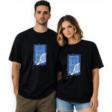 Kidilia Tenis Kortu Görselli Unisex Bisiklet Yaka Tasarım Tshirt - Beden: Srenk: Siyah
