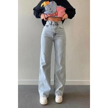 Arvib Yüksek Bel Vintage Yıkama Bol Paça Jean Buz Mavi Loose Fit Denim Pantolon