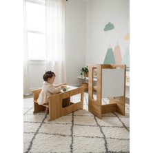 Özgürce Ayarlanabilir Montessori Öğrenme Kulesi ve Çocuk Masası, Beyaz-Ceviz Mdf
