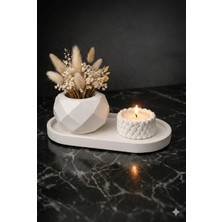 Lenisa Home Lenisa Taş Tozu Geometrik Desen 3'lü Set Mumluk ve Alt Tepsi Dekor Beyaz