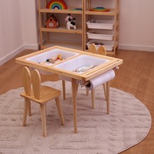 Özgürce Ahşap Montessori Aktivite Masası ve Sandalyeleri Seti, Beyaz/kara Tahtalı