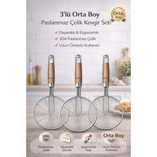 Rosemor 3’lü Kevgir Orta Boy Paslanmaz Çelik Tel Kevgir Seti Ergonomik Saplı Dayanıklı Mutfak Derin