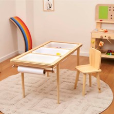 Özgürce Ahşap Montessori Aktivite Masası ve Sandalye Seti, Beyaz/kara Tahtalı, Kişiselleştirilebilir