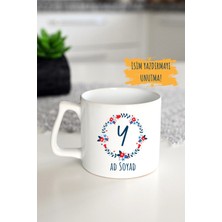 Ivart Kişiye Özel Kırmızı-Mavi Çiçekli Y Harf Porselen Latte Kupa Bardak-Doğum Günü-Hediye-Nescafe