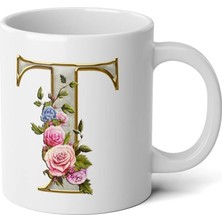 Ivart Altın Sarısı T Harfi Baskılı Tasarım Premium Beyaz Porselen Kupa Bardak