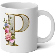 Ivart Kişiye Özel Altın Sarısı P Harfi Baskılı Tasarım Premium Beyaz Porselen Kupa Bardak