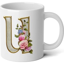 Ivart Kişiye Özel Altın Sarısı U Harfi Baskılı Tasarım Premium Beyaz Porselen Kupa Bardak