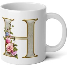 Ivart Kişiye Özel Altın Sarısı H Harfi Baskılı Tasarım Premium Beyaz Porselen Kupa Bardak