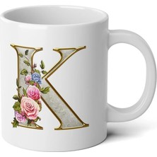 Ivart Kişiye Özel Altın Sarısı K Harfi Baskılı Tasarım Premium Beyaz Porselen Kupa Bardak