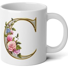 Ivart Kişiye Özel Altın Sarısı C Harfi Baskılı Tasarım Premium Beyaz Porselen Kupa Bardak