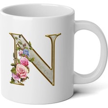 Ivart Kişiye Özel Altın Sarısı N Harfi Baskılı Tasarım Premium Beyaz Porselen Kupa Bardak