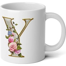 Ivart Kişiye Özel Altın Sarısı Y Harfi Baskılı Tasarım Premium Beyaz Porselen Kupa Bardak