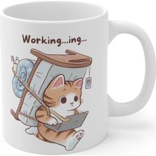 Ivart Kedi - Working Tasarım Baskılı Premium Porselen Kupa Bardak-Hediye