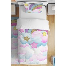 Özgürce Pembe ve Mavi Bulutlar Desenli Tek Kişilik Çocuk Nevresim Takımı