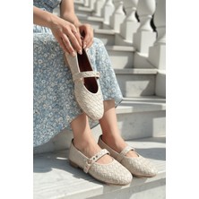 Divolya Stap Bej Örgülü ( 2 Cm) Oval Burunlu Günlük Kullanım Babet