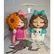 Tarçın Tasarım Yeni Dekoratif 2'li Cici Kızlar Masa Üstü Kalemlik, Sukulent Saksı Seti,