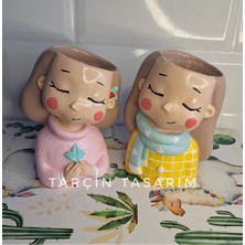 Tarçın Tasarım 2 Adet Sevimli Kız Biblo,kaktüs/sukulent Saksısı(Handmade)
