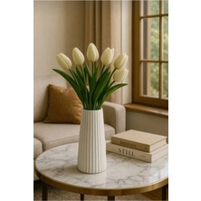 Tarçın Tasarım By Gizem Bağcı Modern Dekorasyon Için Şık Beyaz Çizgili Beton Çiçek Vazo - Minimalist ve Zarif Vazo Modelleri