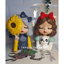 Tarçın Tasarım 15 cm Papatyalı ve Pandalı Kız Saksı/kalemlik,büro/ofis, Doğum Günü Hediyesi