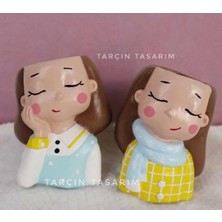 Tarçın Tasarım El Yapımı,2'li Sevimli Kız Saksı,dekoratif Biblo,(Handmade)