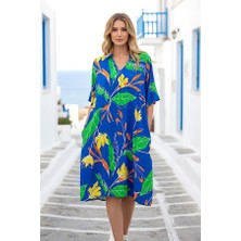 Modanı Seç Saks Mavi Çiçekli Gömlek Yaka Cepli Kısa Elbise