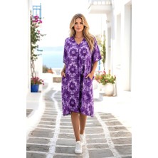 Modanı Seç Mor Desenli Gömlek Yaka Cepli Kısa Elbise