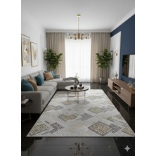 Nesrin Jel Kaymaz Taban Kesme Halı Yolluk Krem Kahve Kareli Halı Makinede Yıkanabilir