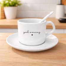 Myworldorganization Good Morning ve Kalp Yazılı Kaşıklı Kahve Fincanı