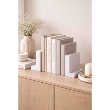 Marbello Masif Beyaz Mermer Kitap Tutucu 2’li Set - Minimal L Tip Dekoratif Bookend Ofis & Salon Raf Aksesuaı