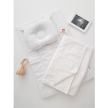 Özgürce Nokta Desenli Alt Açma Seti ve Battaniyeli Bebek Minderi, Müslin Bebek Yastığı