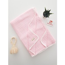 Özgürce Ponponlu Dört Kat Müslin Bebek Battaniyesi 85X90, Yumuşak ve Şık Tasarım