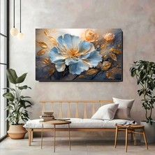 Artprinta Mavi Çiçek ve Altın Yapraklar Kanvas Tablo – Lüks ve Modern Duvar Dekoru