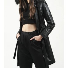  hakiki deri kaban trençkot kapşonlu gerçek kürk deri kaban