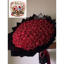 Solmayan Gül Buketi Kırmızı 100 Adet Simli Buket