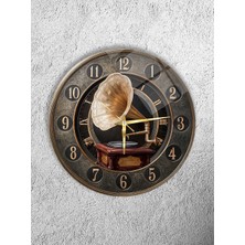 Olinpa Kırılmaz Cam Duvar Saati , Hem Tablo Hem Saat Yuvarlak Müzik Gramofon Temalı Ev Ofis Hediyesi