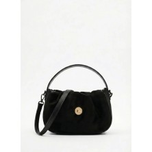 Heybe Shop Kadın Gold Logolu Büzgülü Süet El ve Omuz Çantası