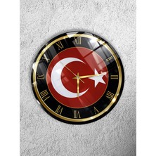 Olinpa Kırılmaz Cam Duvar Saati , Hem Tablo Hem Saat Yuvarlak Ay Yıldız Türk Bayrağı Tasarım  Saat Ofis Hediyesi